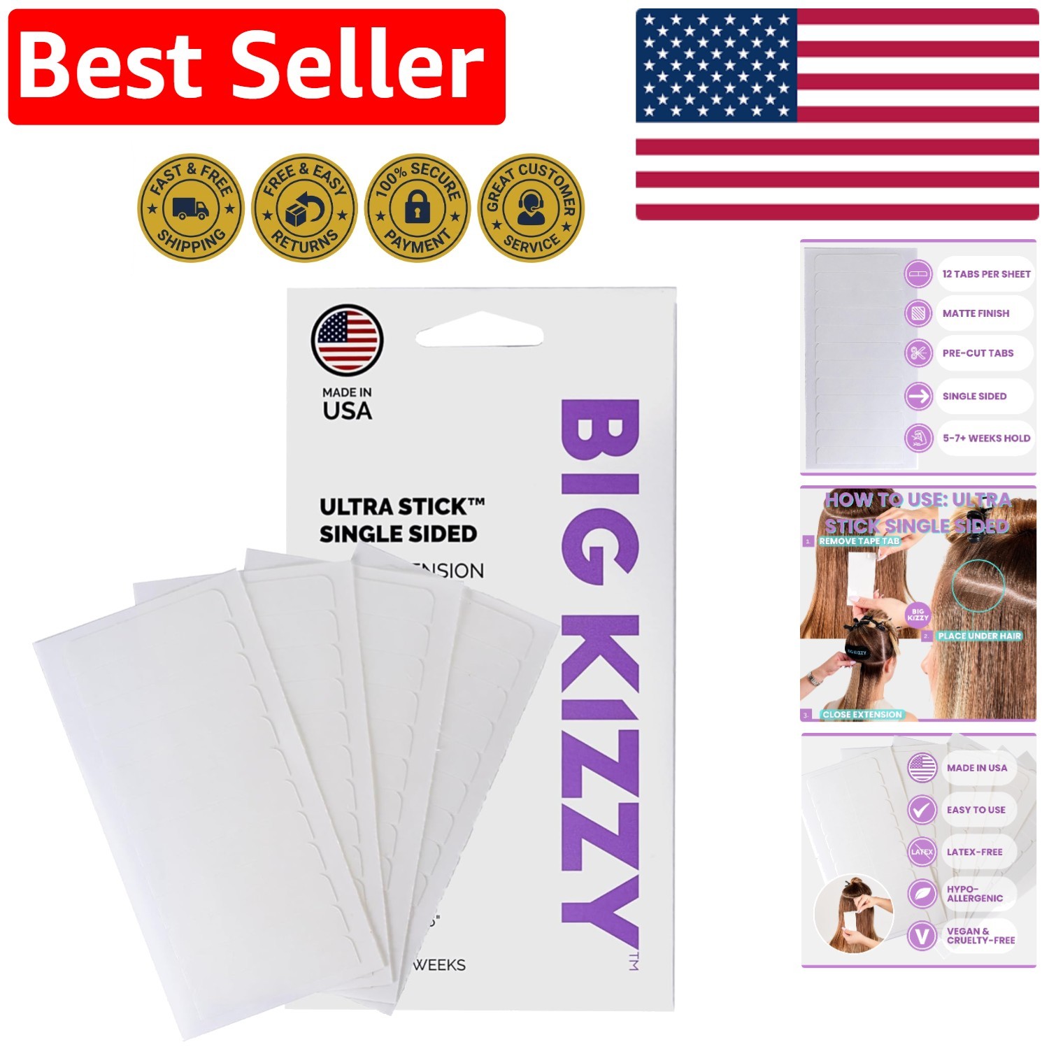 Durable Single Sided Adhesive Tape for Fine Hair Extensions – 48 Tabs Included