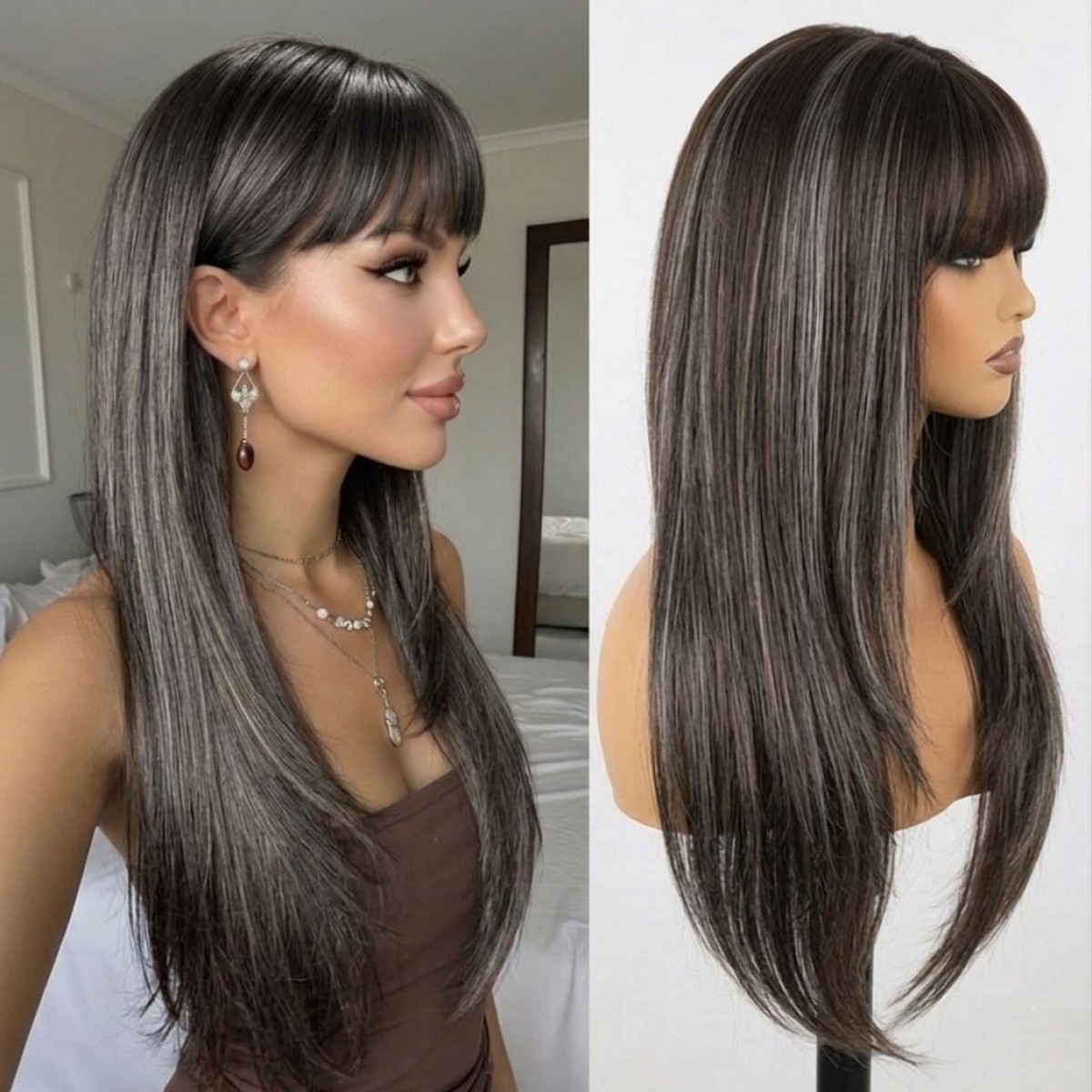 Mixed Brown blonde Long Straight Synthetic Hair Cosplay Party Wigs With Bangs