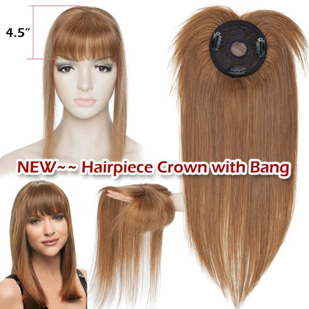 US Clip In Womens Hair Toppers 100% Real Remy Hairpiece Wig Cover With Bang Top