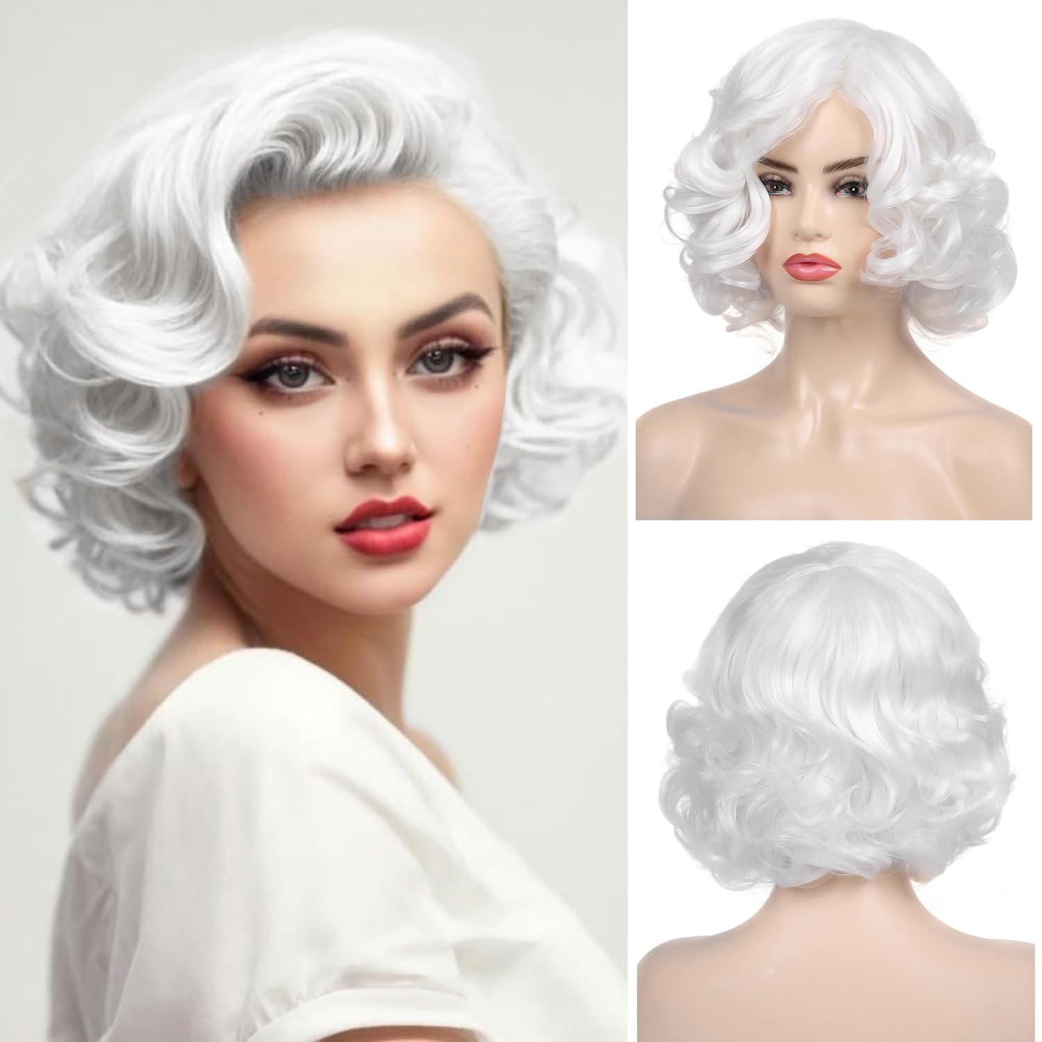 Short Curly Wavy White Wigs for Women Synthetic Natural Hair Wig Halloween Co…