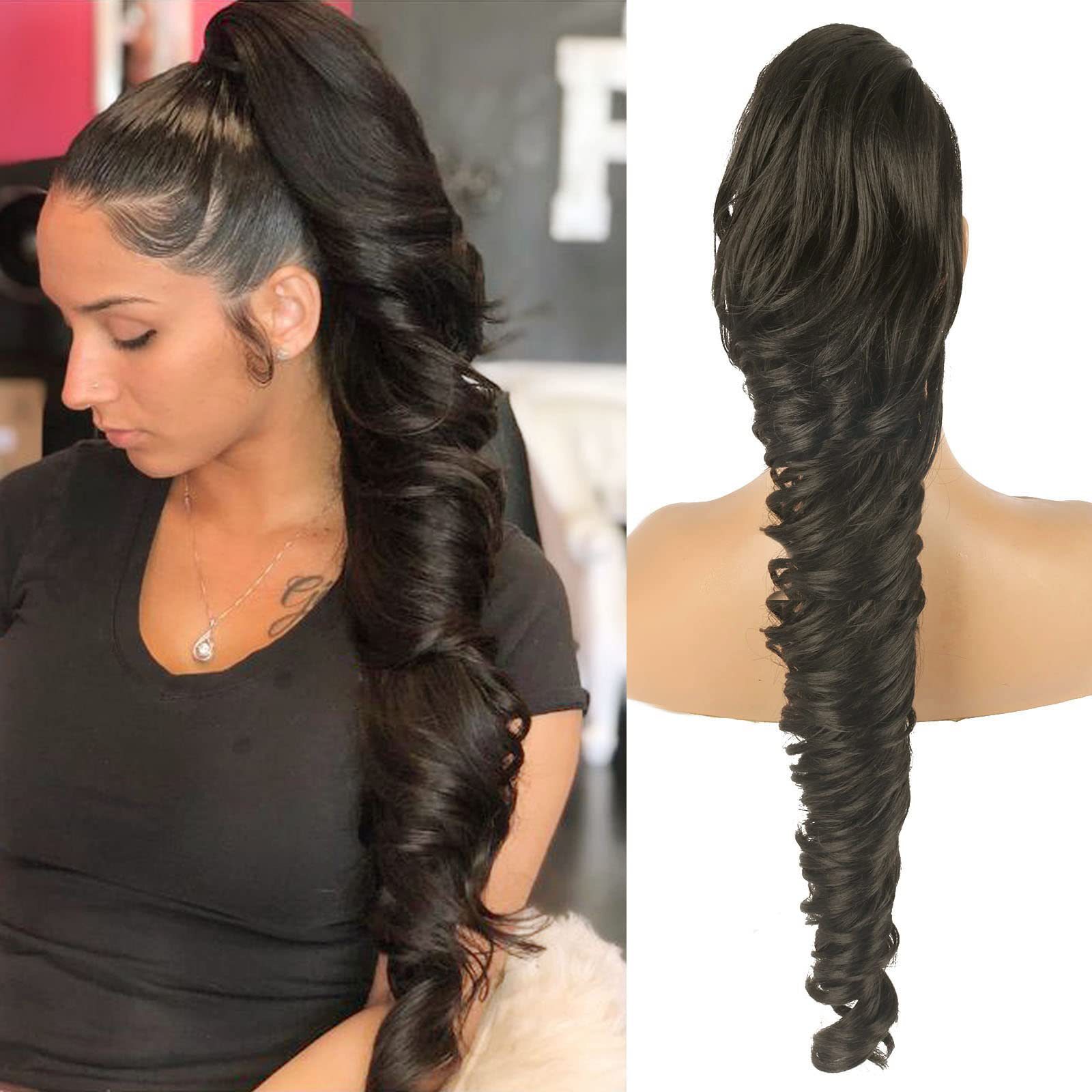24 Inch Long Black Drawstring Ponytail Clip in Pony tail Extensions for Women