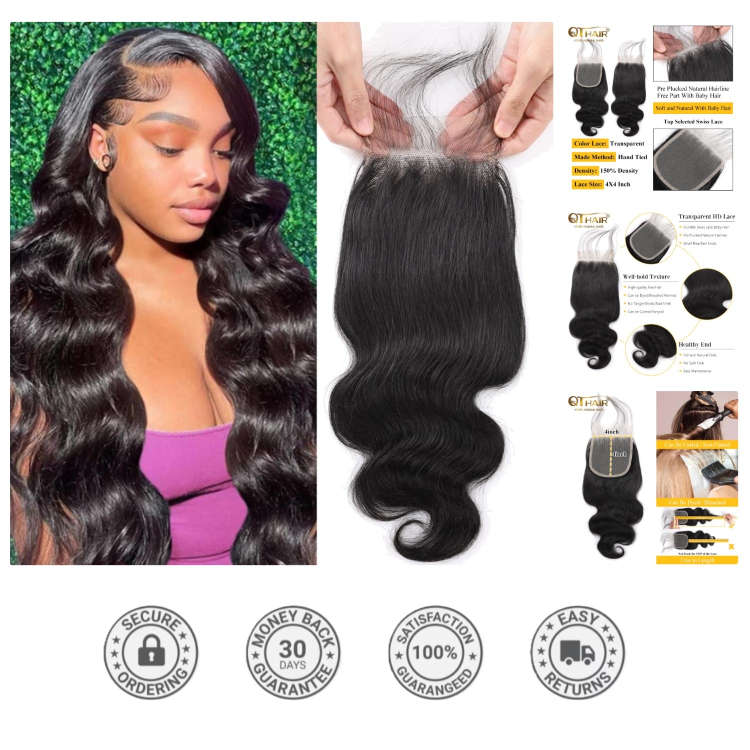 18A Brazilian Body Wave Lace Closure 20″ Natural Black Swiss Lace 150% Density
