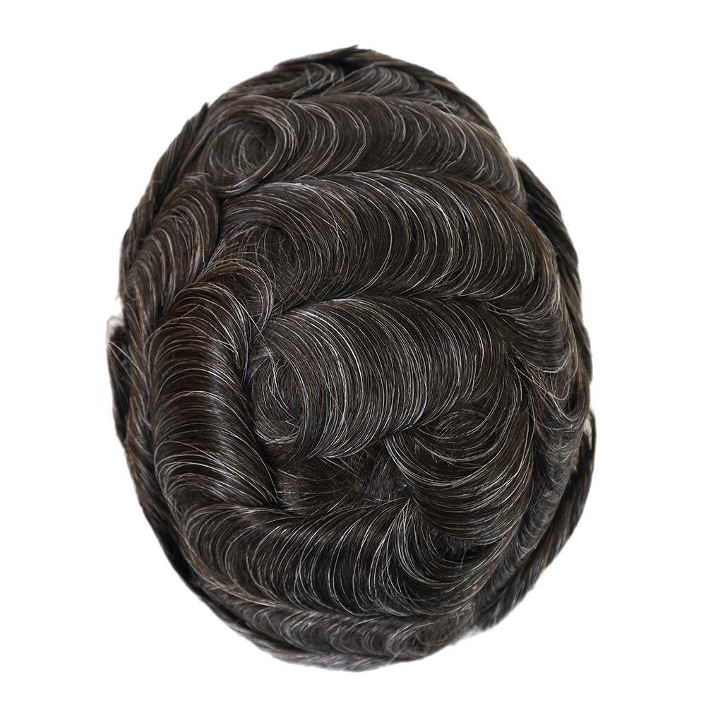Toupee For Men Human Hair Lace skin Replecement System Dark Brown Grey Hairpiece