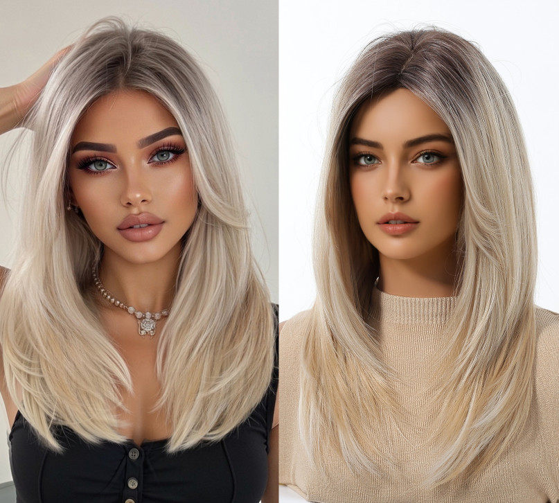 Long Straight Rooted Blonde Mix Middle Part Synthetic Hair Wigs Women Soft