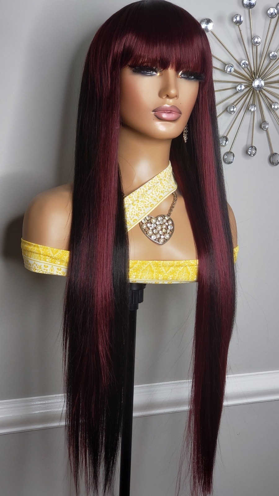 New Extra Long Straight Bang Style Burgundy Black 99J Red Wine Hair Full Cap Wig