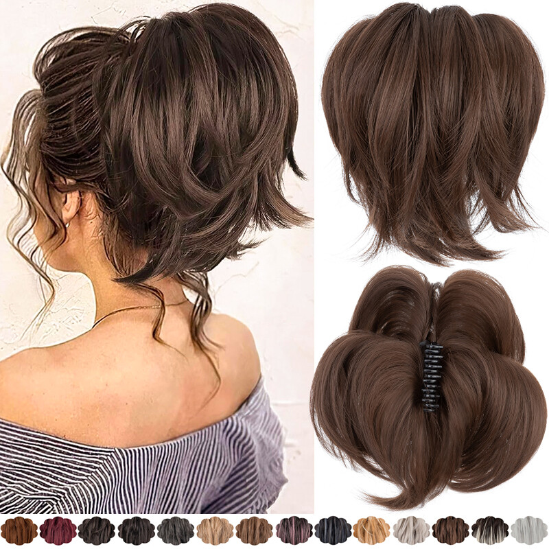 Claw On Messy Bun Updo Scrunchie Clip In Hair Ponytail Extension Highlight Brown