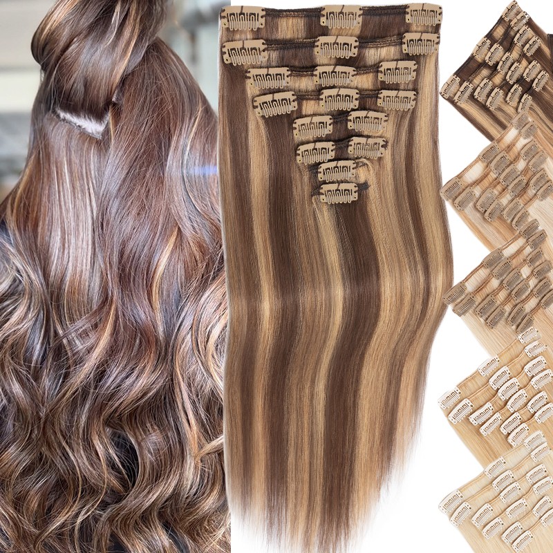 Clip In 100% Human Real Remy Hair Extensions 8PCS Full Head Straight Dark Brown