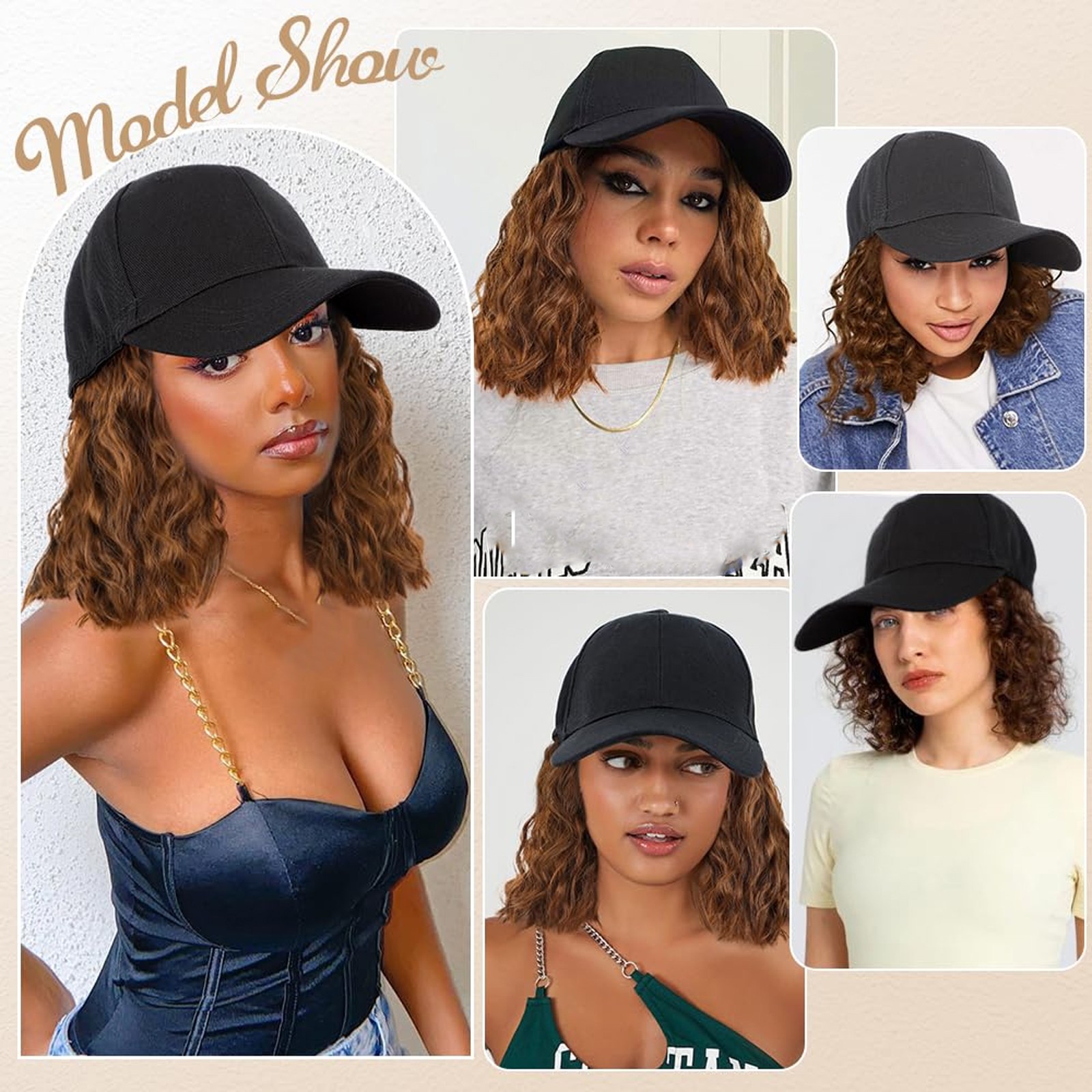 Women long Wavy Wig Baseball Cap With Synthetic Hair Adjustable Dad Hat Natural