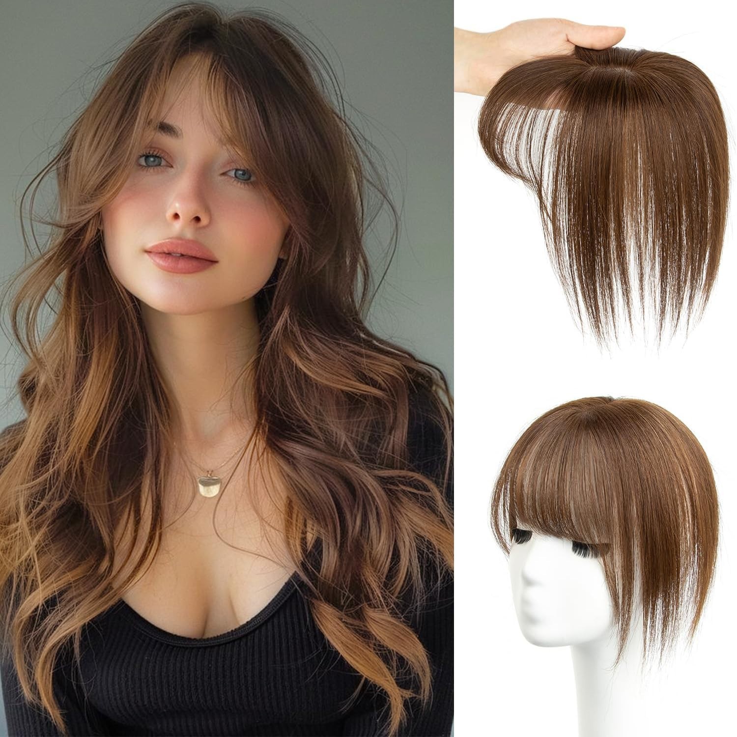 Medium Brown 100% Human Hair 8in Clip In Bangs Hair Topper