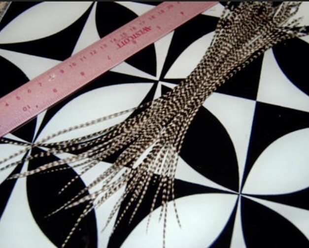 (7) X-long 9-12” Skinny Whiting Grizzly Striped Feather Hair Extensions DIY Kit