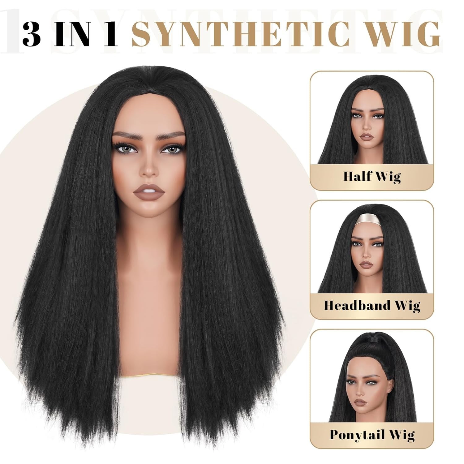Kinky Straight Half Wig for Women, 3 in 1 Yaki Drawstring Glueless Synthetic Wig