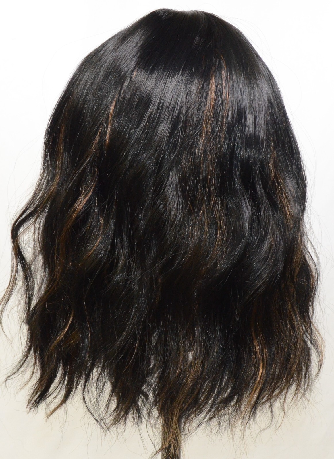 Black Wavy Wig with Copper Blonde Highlights and Short Bangs – Shoulder Length