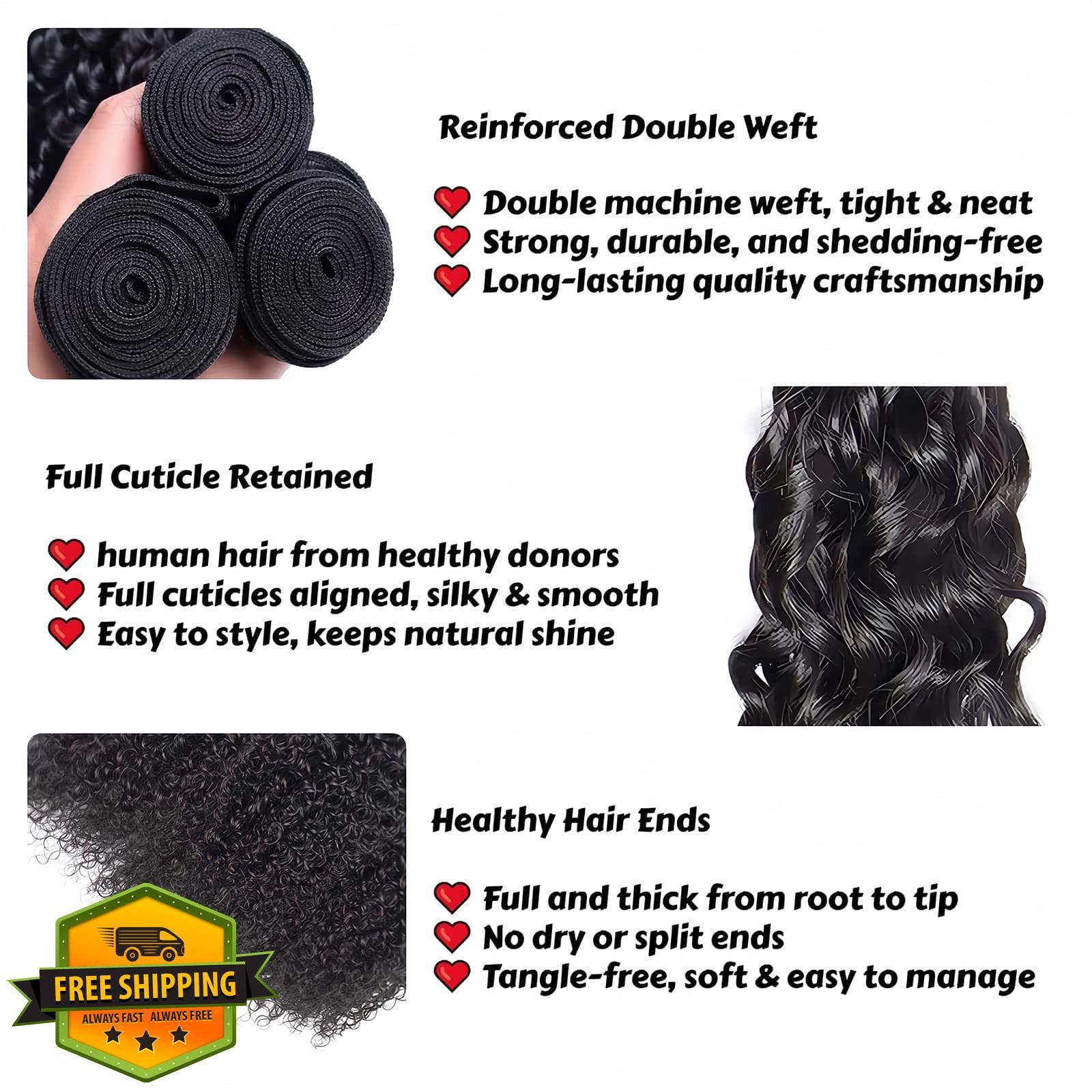 LUMWAV 1B Natural Black Jerry Curly Bundles 14-18 In