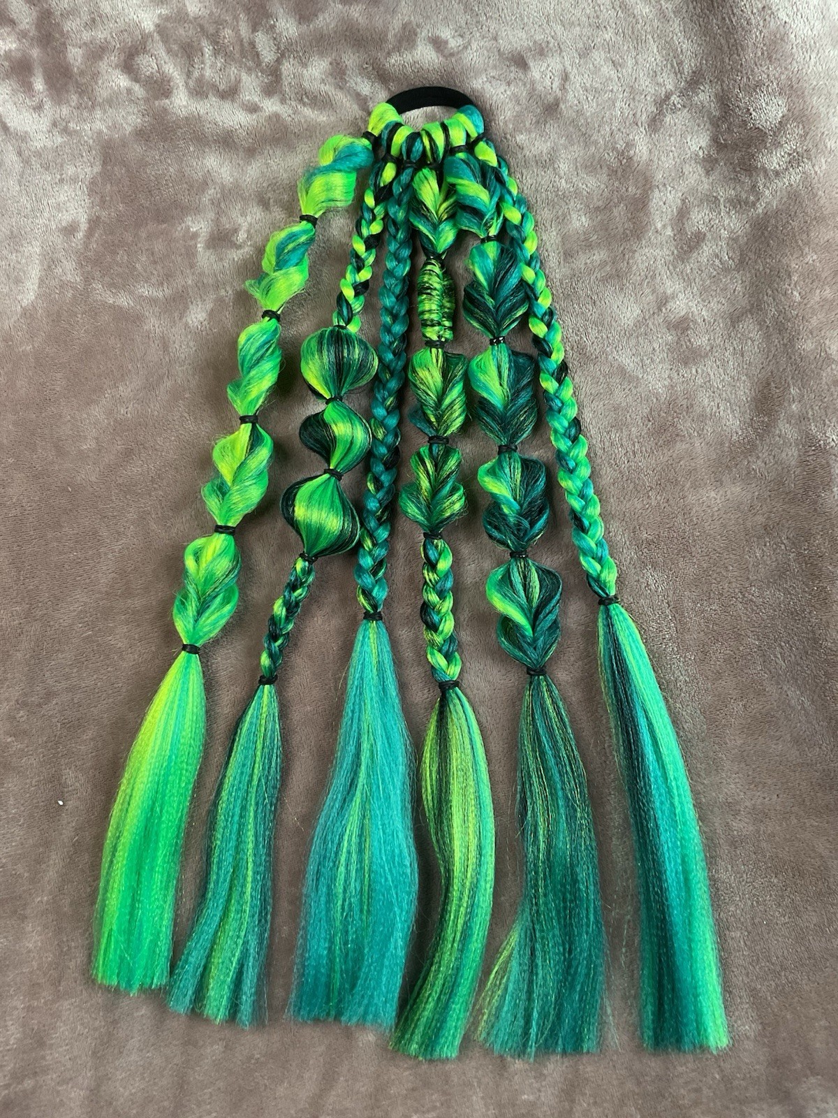 Turquoise, Neon Yellow, Black ** reusable tie in braided ponytail extensions