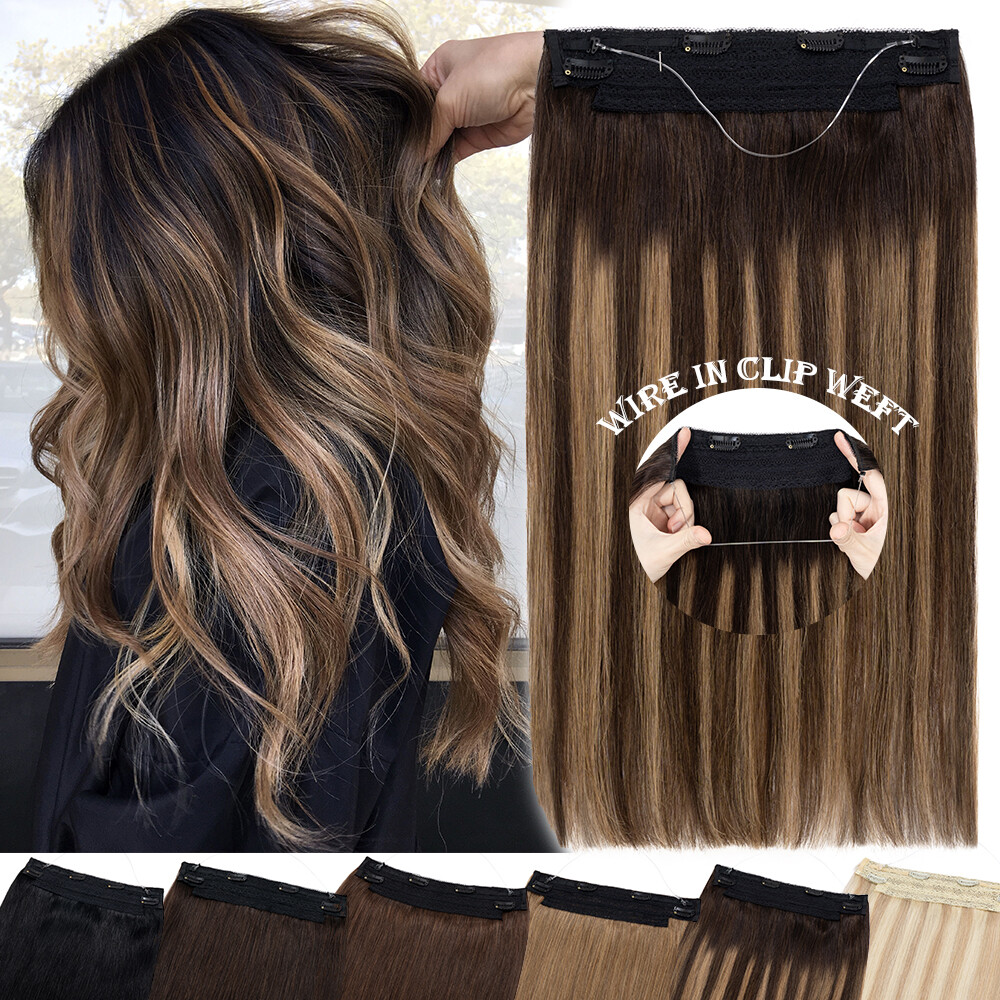Invisible Wire In Remy Human Hair Clip Weft Extensions Hidden Headband THICK Icy