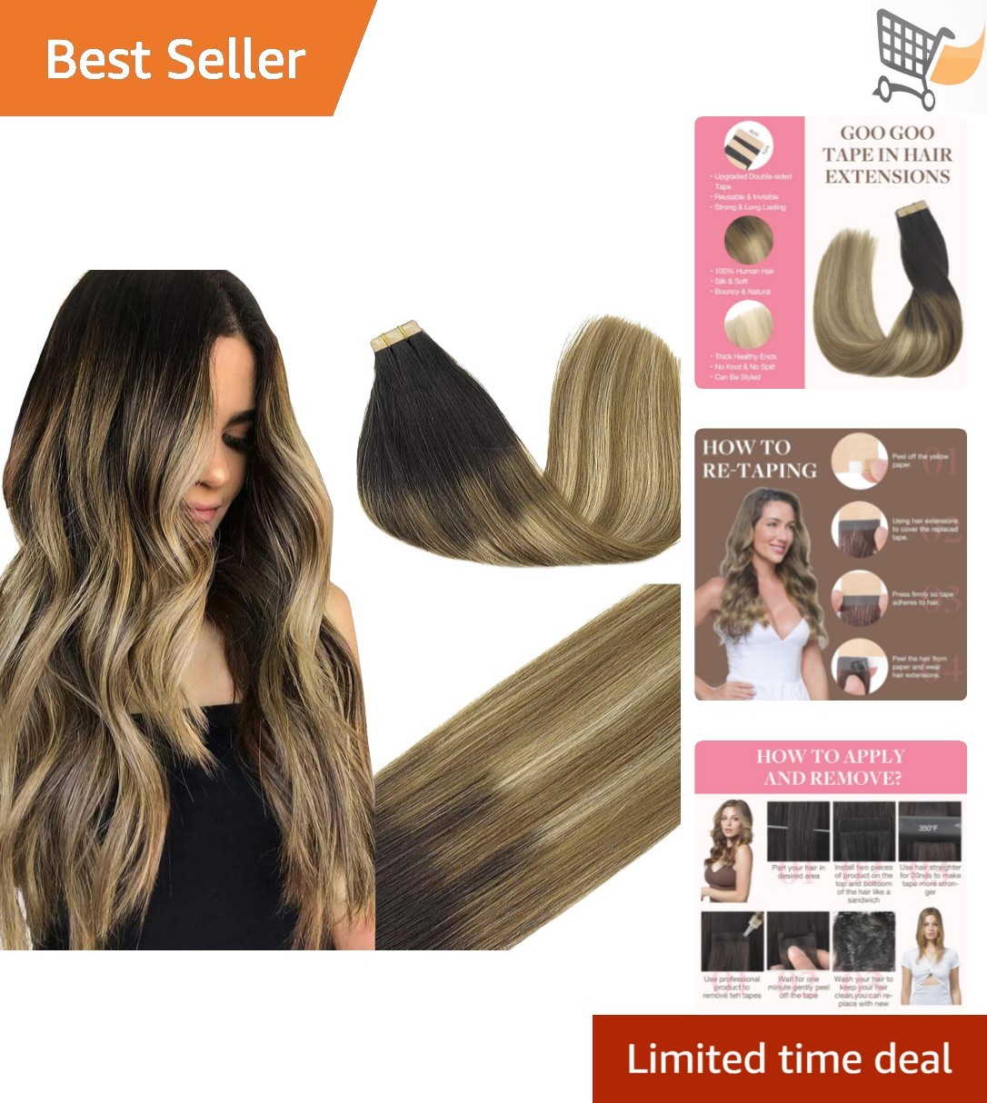 Human Hair Tape In Extensions 20in Balayage Brown to Blonde Thick Ends Full L…