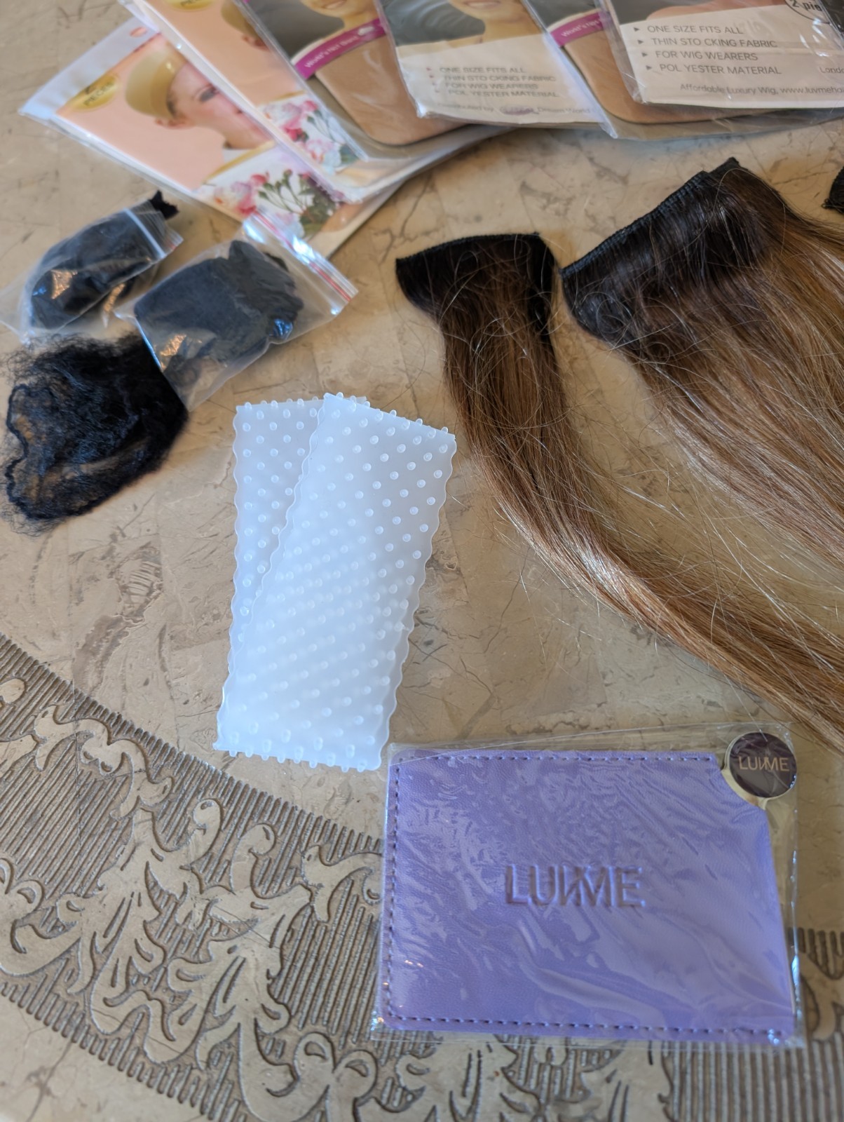 LUVME Assorted Accessories With 3 12″ Human Hair Clip In Extensions, Net Caps