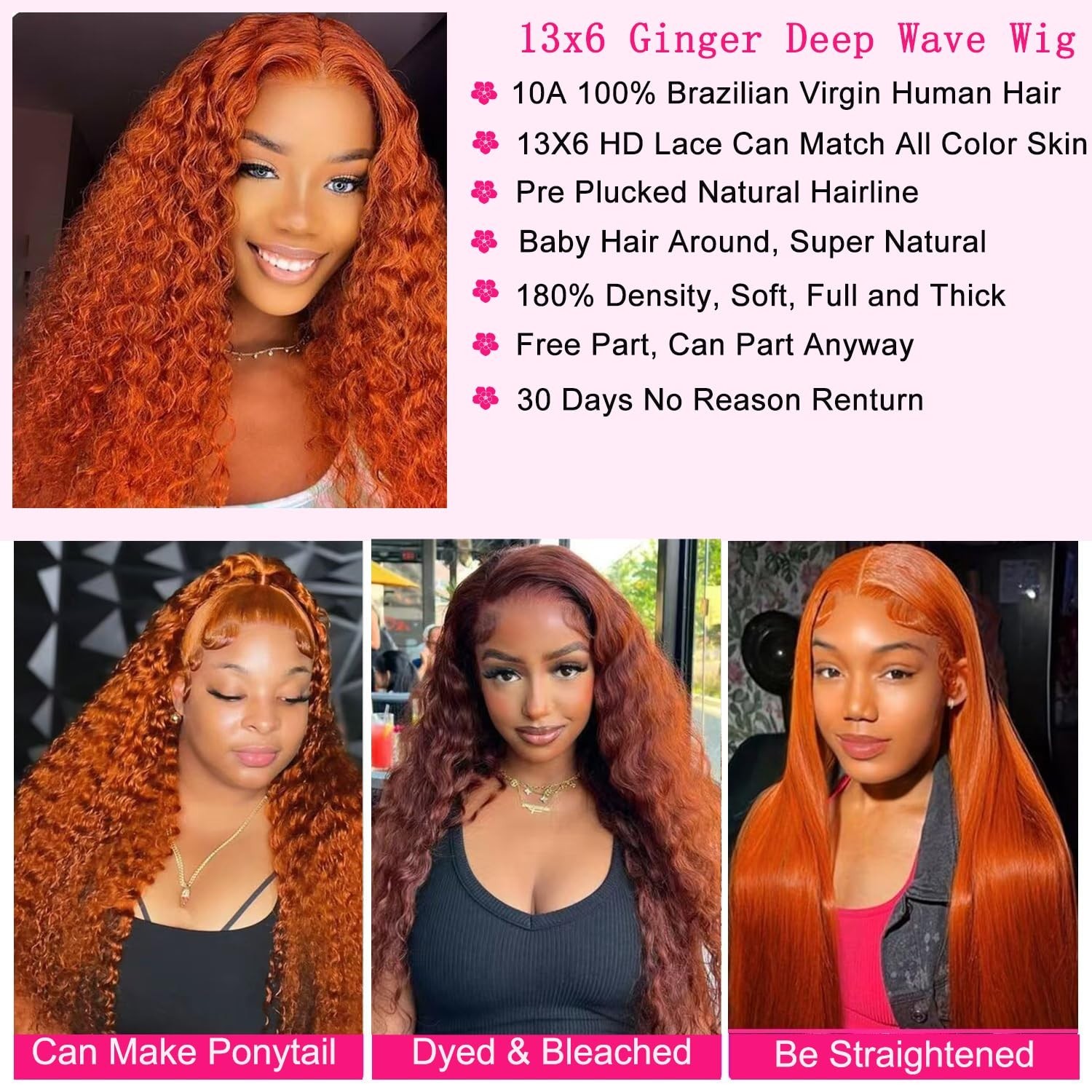 30″ Ginger Lace Front Wig Human Hair 13×6 Deep Wave Pre Plucked 180% Density Cur