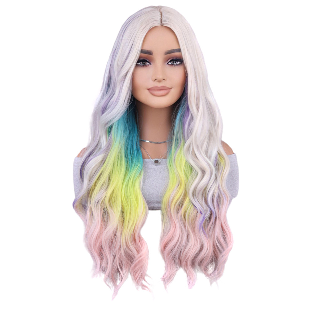 28in Women’s Multi Color Rainbow Wig Long Curly Wavy Wig Cosplay Party Wig