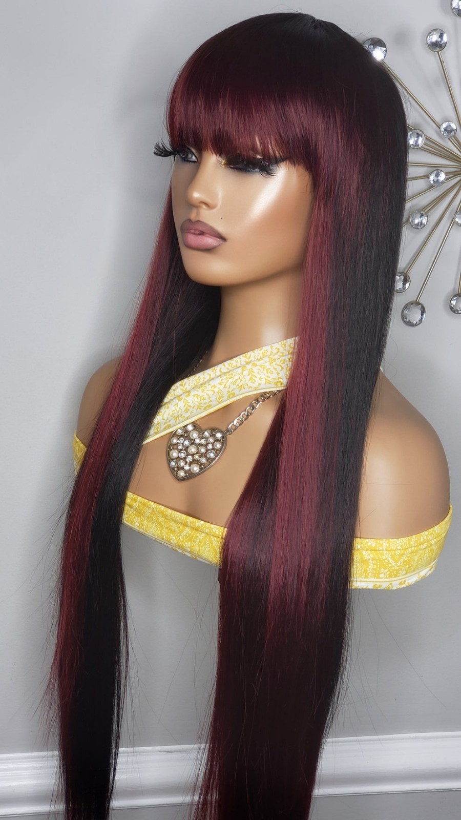 New Extra Long Straight Bang Style Burgundy Black 99J Red Wine Hair Full Cap Wig