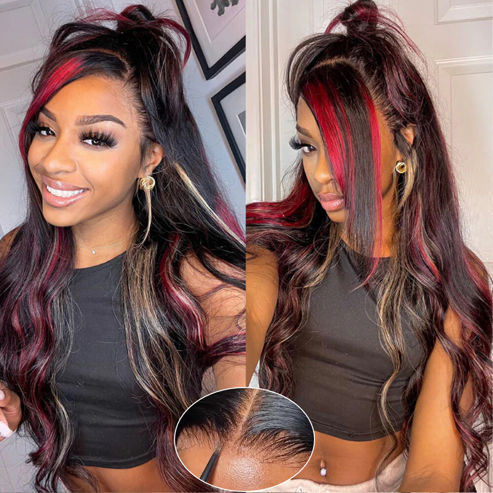 UNice Peruvian Red Black Blonde Body Wave Precut 7×5 Lace Wig Human Hair Wear Go