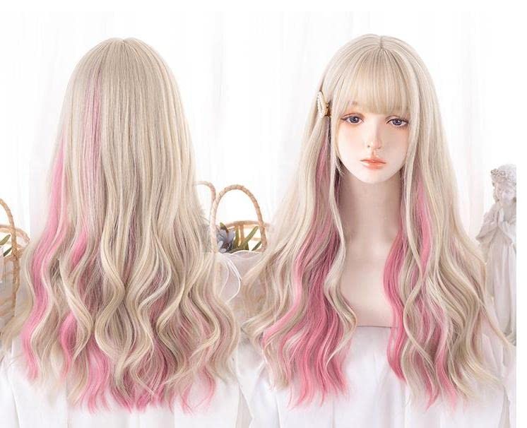Gold Ear-dyeing Pink Lolita Wig Japanese Harajuku Cute Daily Long Curls Hair …
