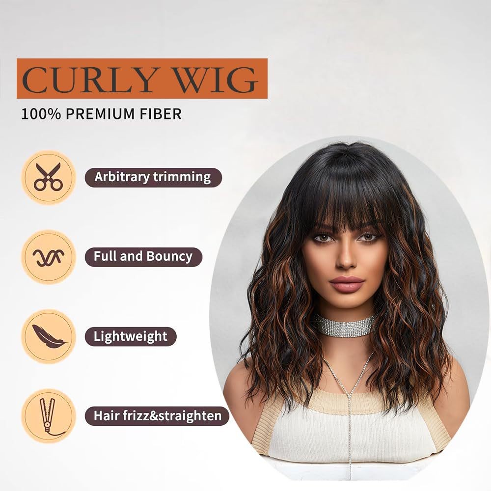 Highlight Short Water Wave Curly Wig Heat Resistant Synthetic Full Wig for