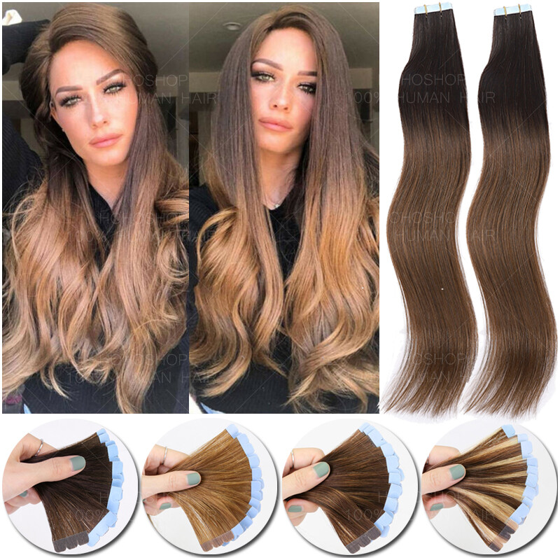 Ombre 150G Tape In Russian Remy Human Hair Extensions Full Head Skin Weft Blonde