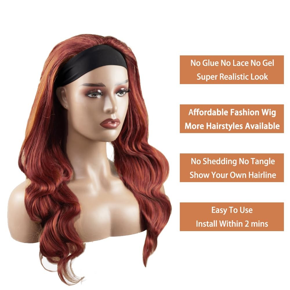 Yiweyowe 28 Inch 33 Reddish Brown Headband Wig Human Hair 150 Density Grade 8A