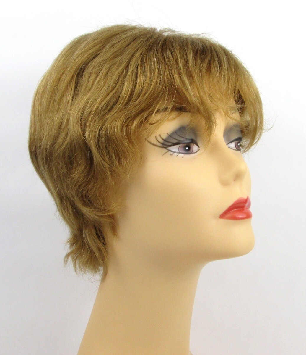 100% HUMAN HAIR WOMENS SHORT STRAIGHT SLIGHTLY WAVY WIG W/ WISPY BANGS SANDY