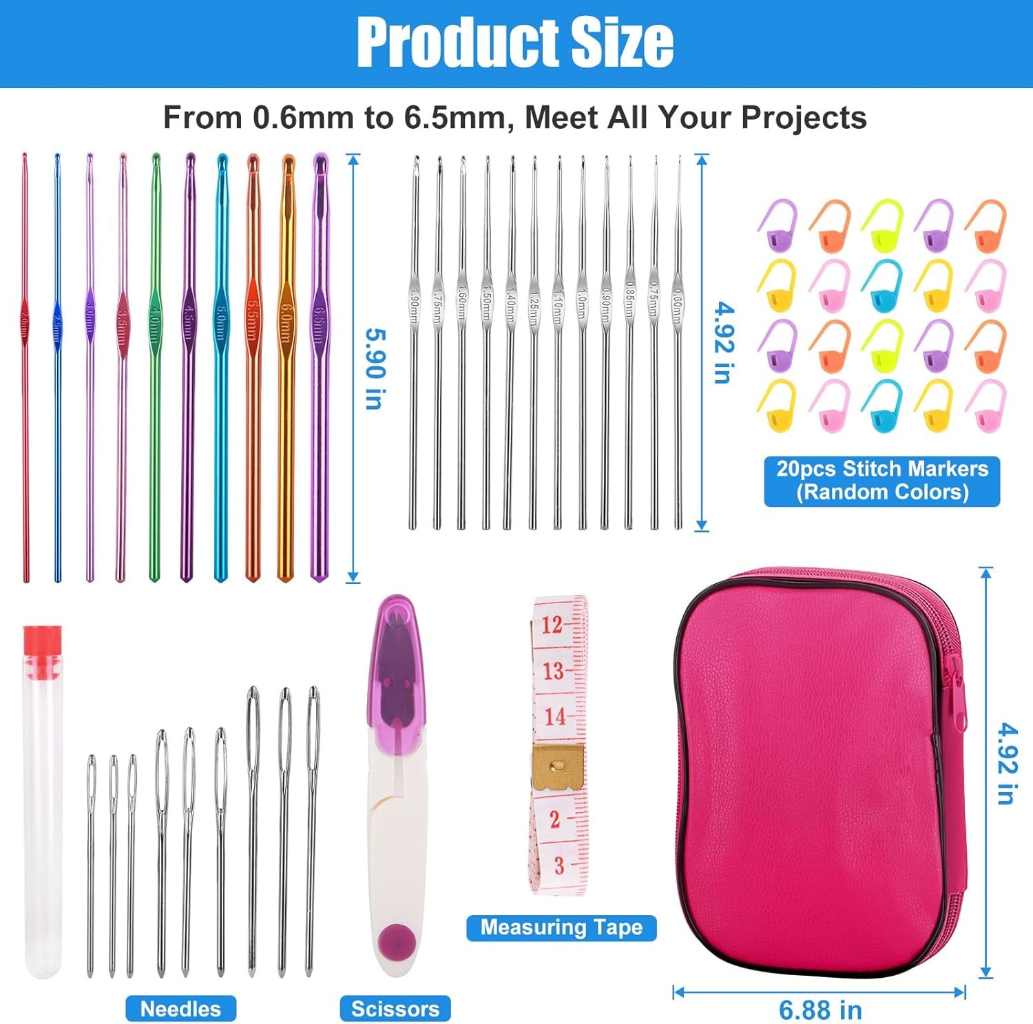 Crochet Hooks Set, 54 Pack Needles Set 0.6Mm To 6.5Mm, Mixed Color