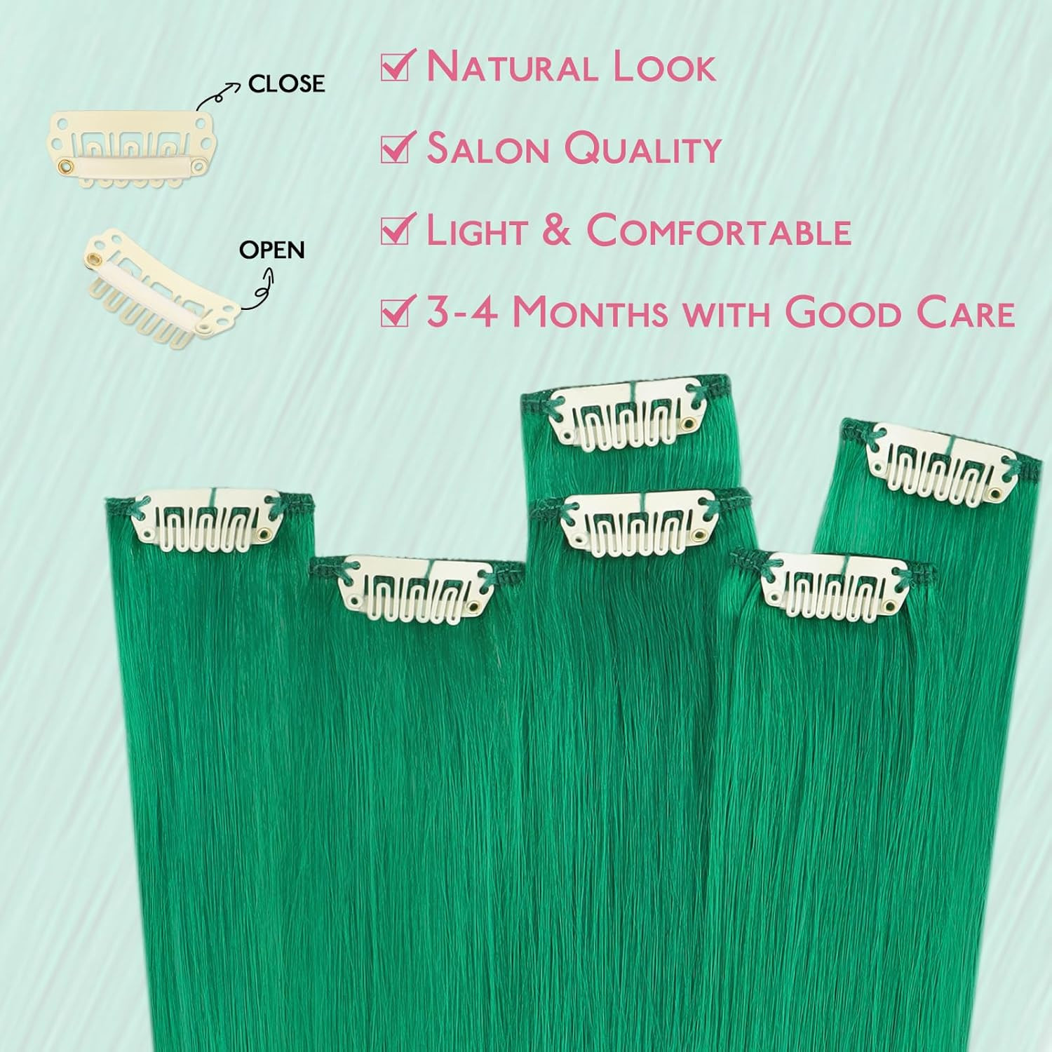 Extensiones de cabello humano real con clip verde, 35 g, 6 unidades, 20 pulgadas