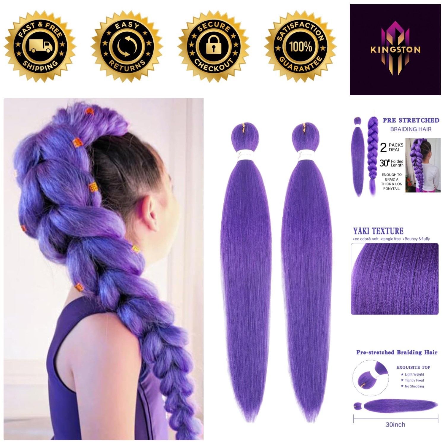 Pack of 2 Long Wavy Purple Braiding Hair – Flawlessly Pre-Stretched for Easy Use