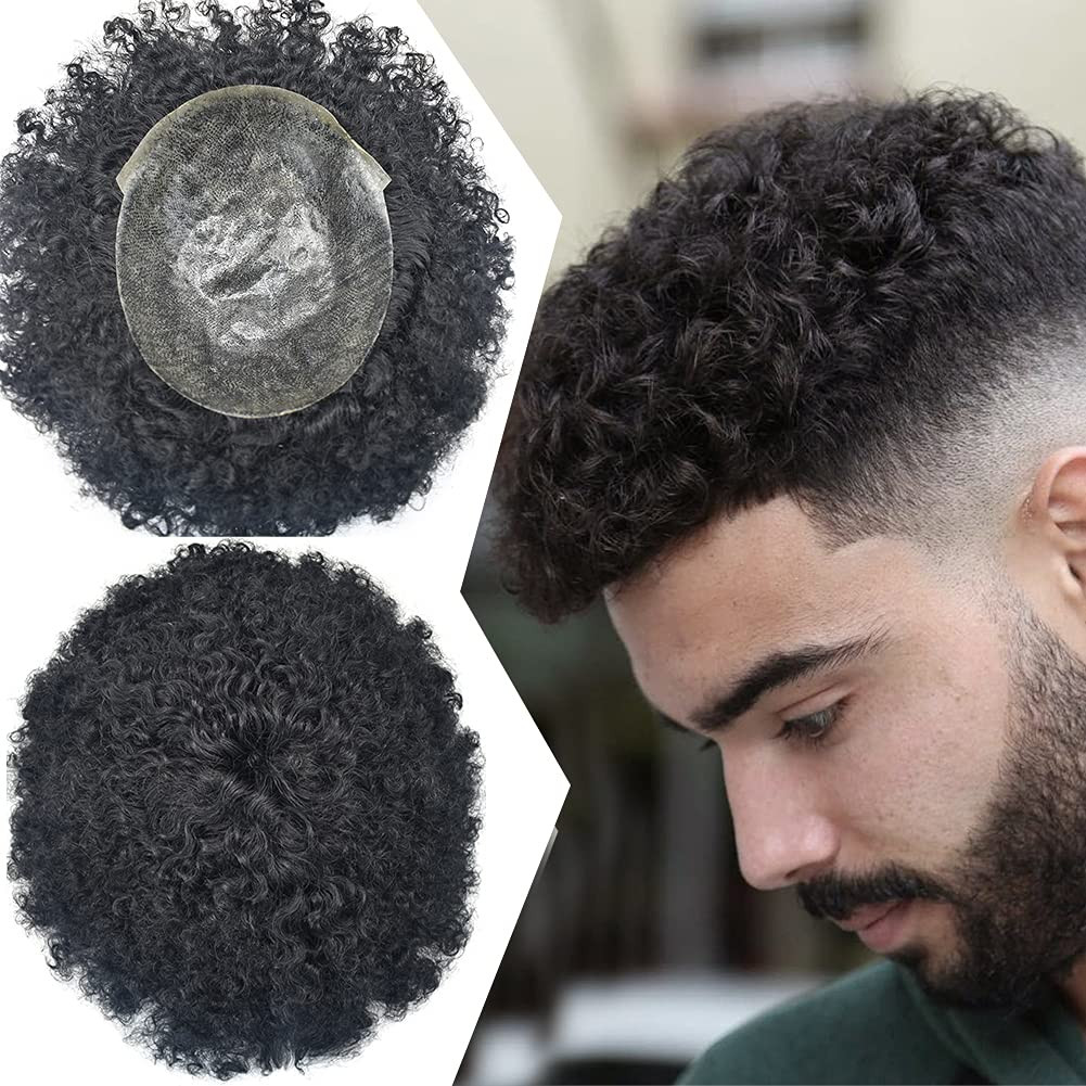 Afro Curl Mens Toupee 6MM African American Wig Full Poly PU Afro Curl System