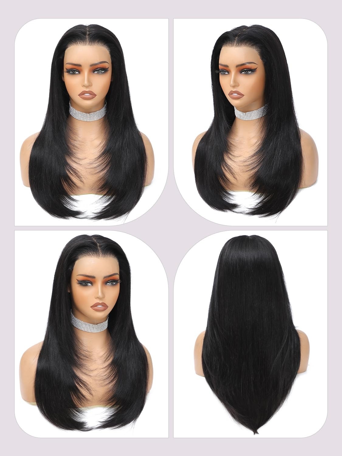 16″ Layered Glueless Wig, 200 Density HD Lace Front, Pre-Plucked Human Hair, Str