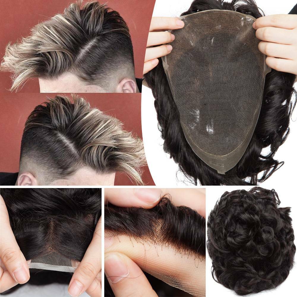 8A Mens Toupee Full French Lace Remy Human Hair System For Men Bleached Knots US