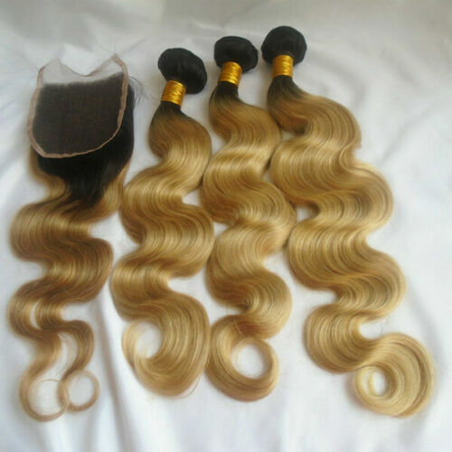12A PERUVIAN HUMAN HAIR WEFT 3/4BUNDLES+LACE TOP CLOSURE 1B#/27 DARK ROOT OMBRE