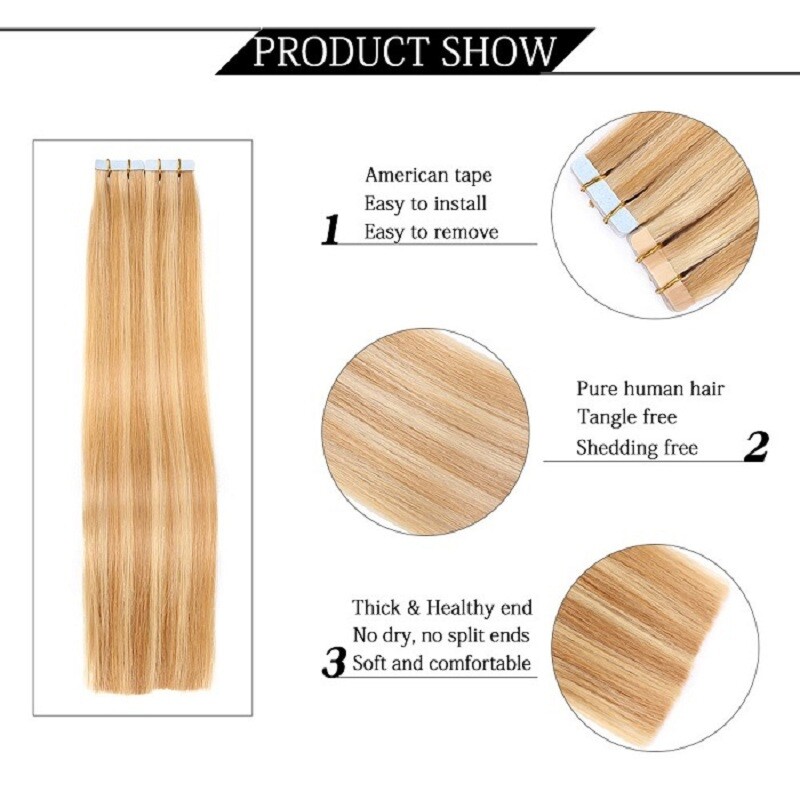 Skin Wefts Tape in Hair Extensions Remy Real Human Hair BalayageHighlight Blonde