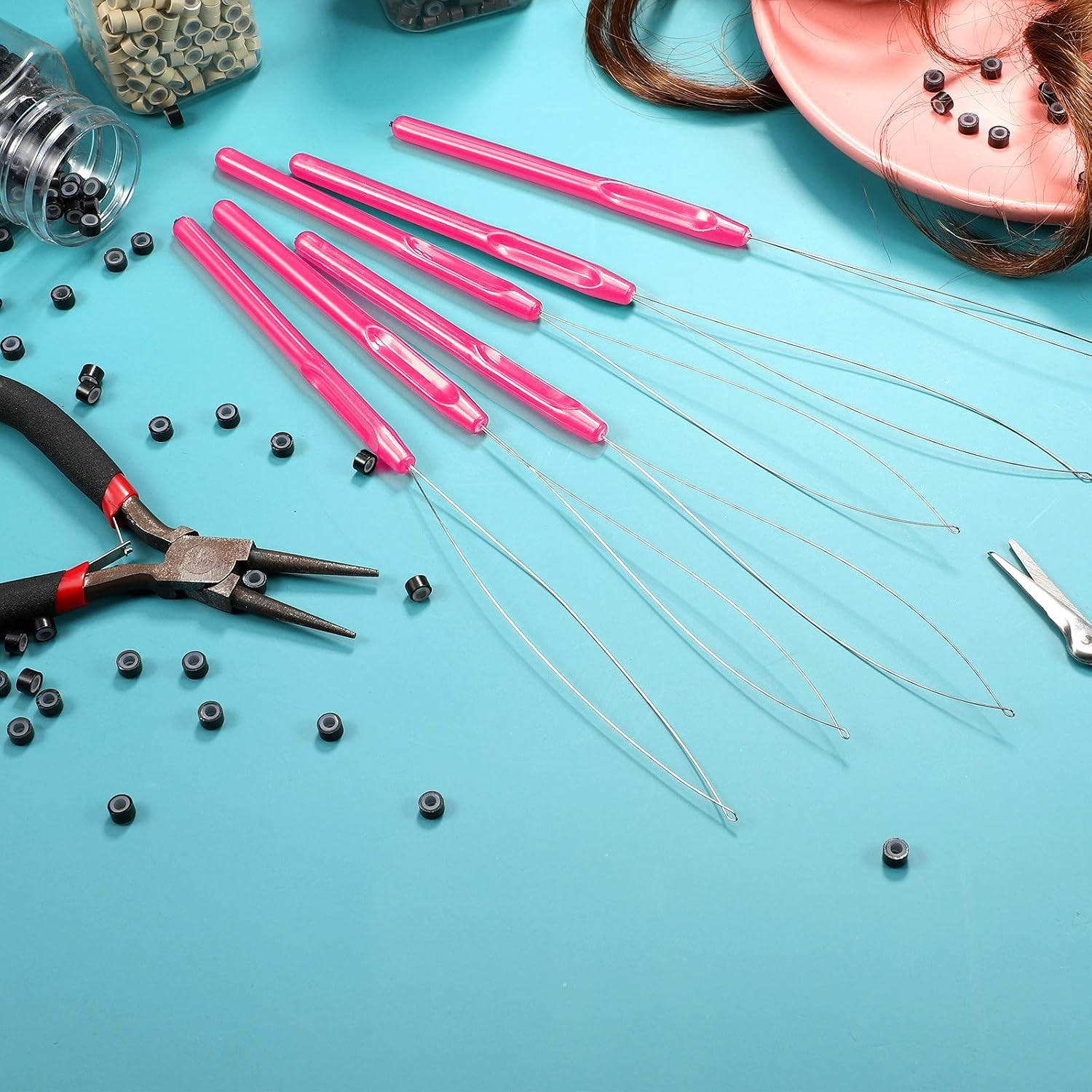 10 Pieces Hair Extension Loop Needle Threader Pulling Hook Tool and Bead