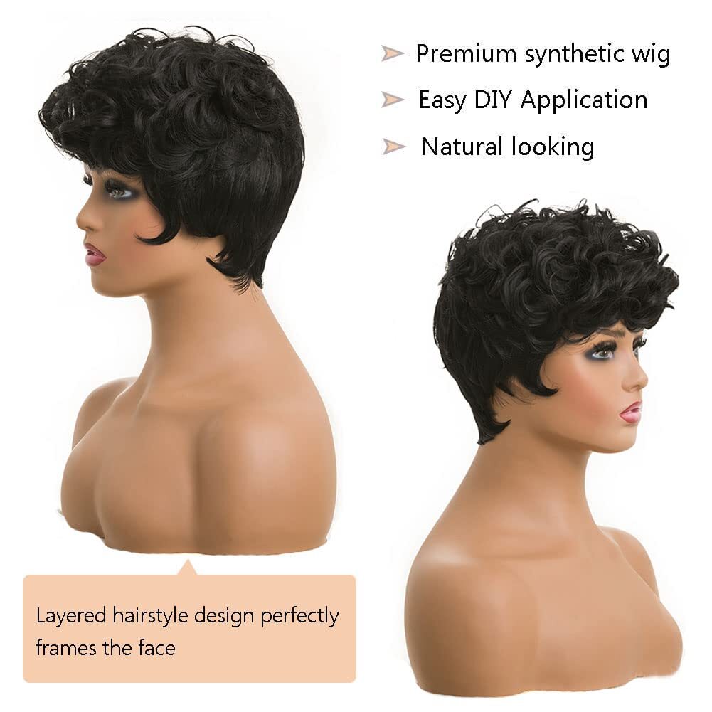 Short Black Curly Pixie Wigs Synthetic Natural Wavy Hair Wigs for Black Women US