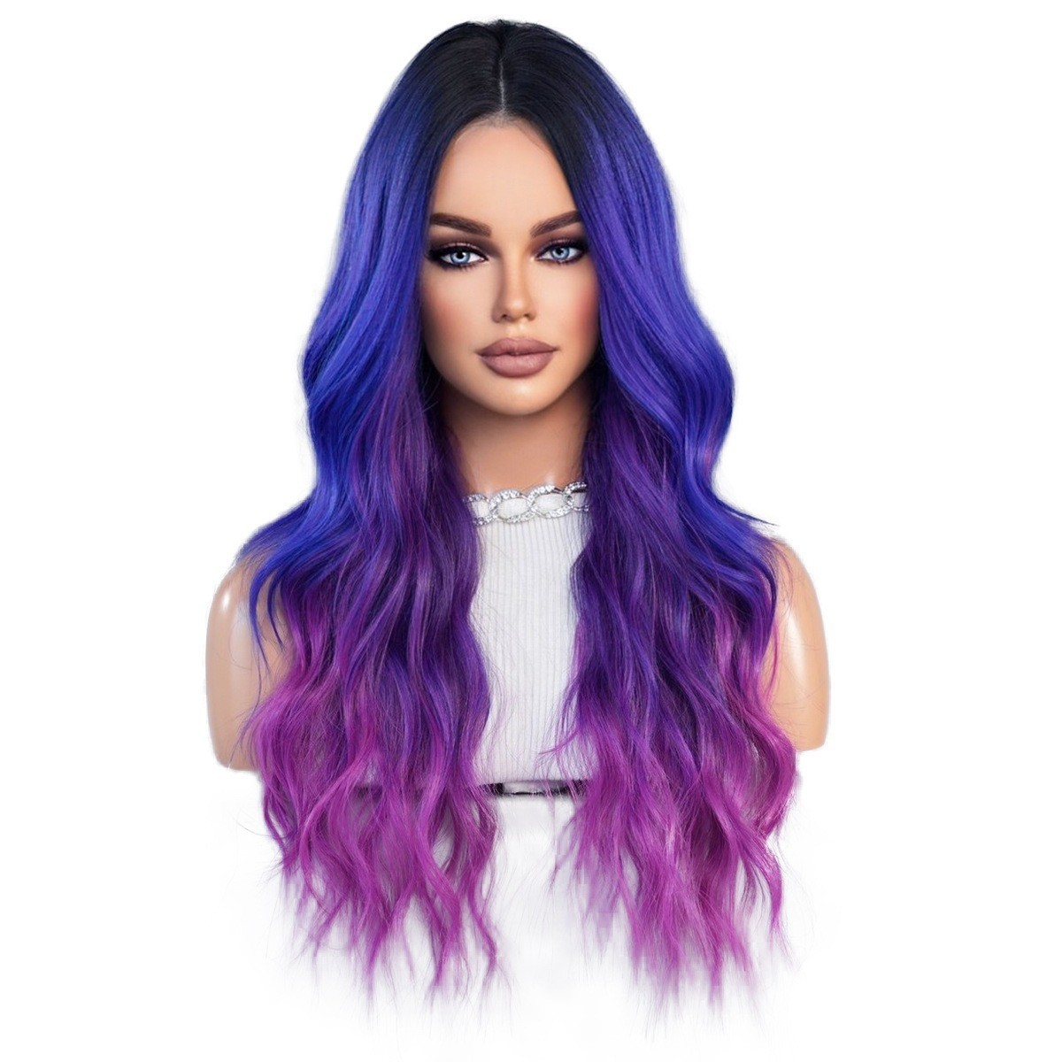 Dreamy purple-blue Lace wig with dreamy purple-blue gradient parted wavy curls