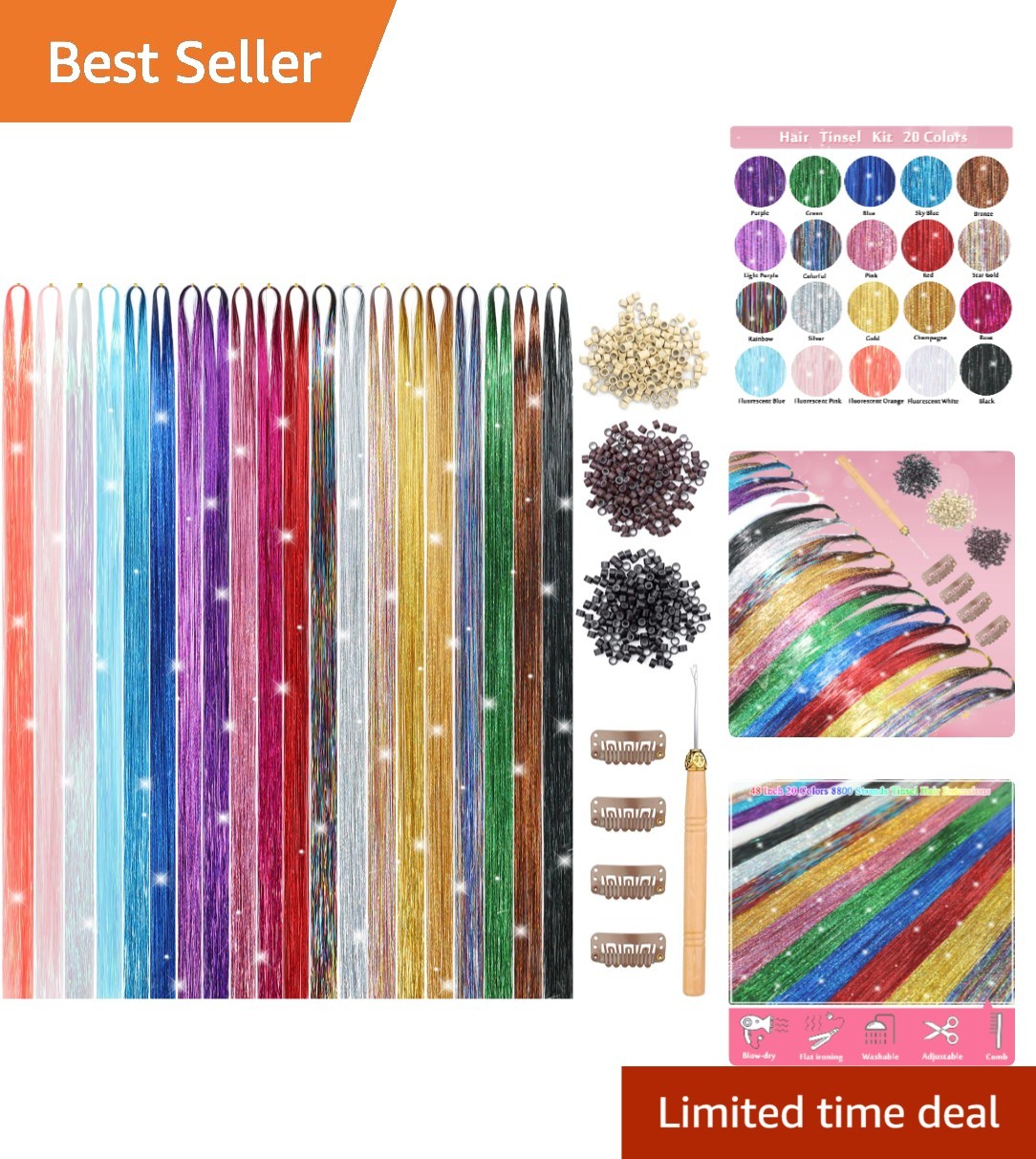 20 Colors Hair Tinsel Kit – 8800 Strands Heat Resistant 48 Inch Sparkle Set