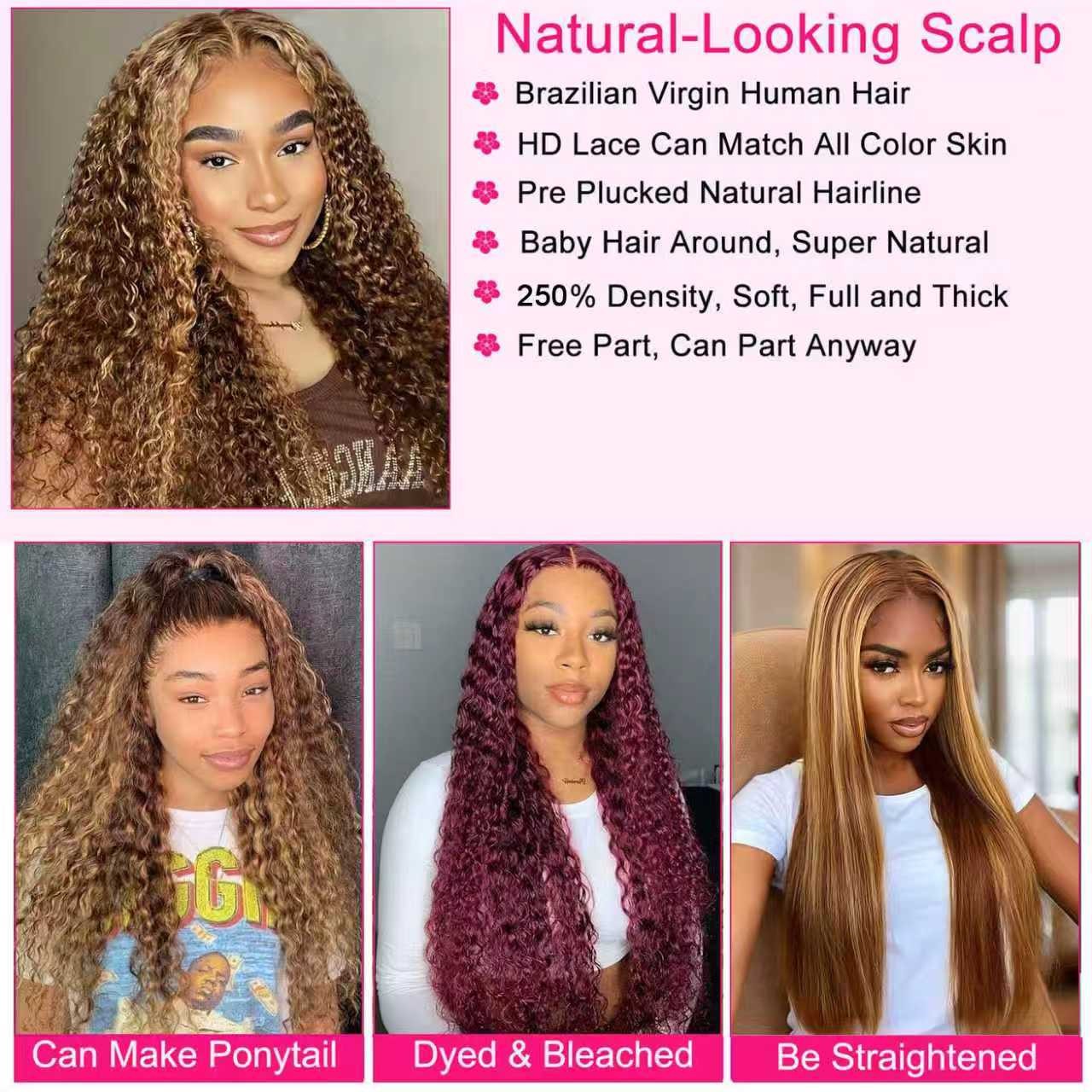 250% Density 5×5 Deep Wave Honey Blonde 4/27 Transparent Lace Human Hair
