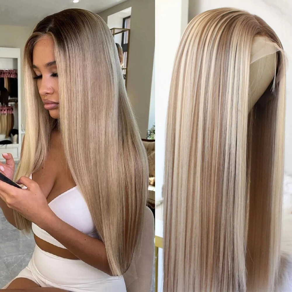 Long Straight Ash Beige Blonde Highlight Wigs Lace Front Wig for Women Daily