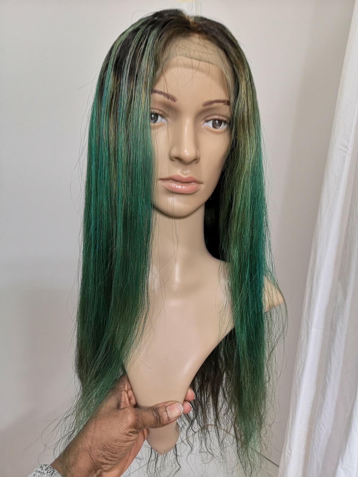 Custom High Quality 24” Soft Silk Green Brown Human Hair Front Lace Wig