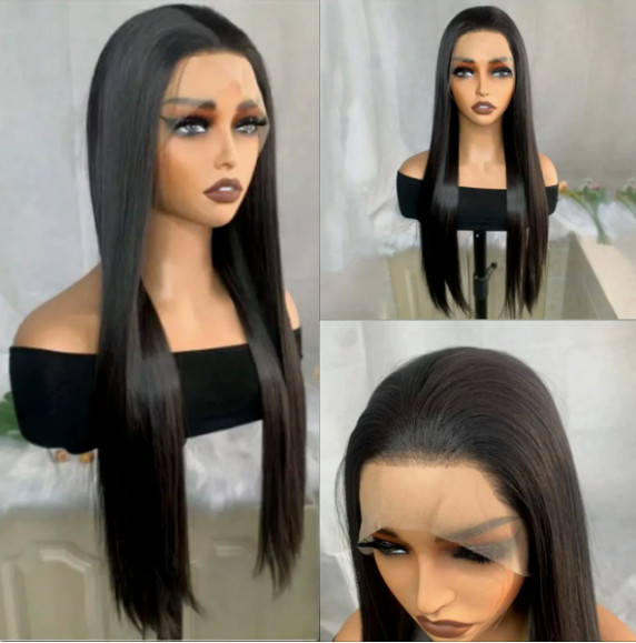 13×4 Lace Front Wig Long Black Straight Human Hair Blend Heat Ok Women Wig 26In