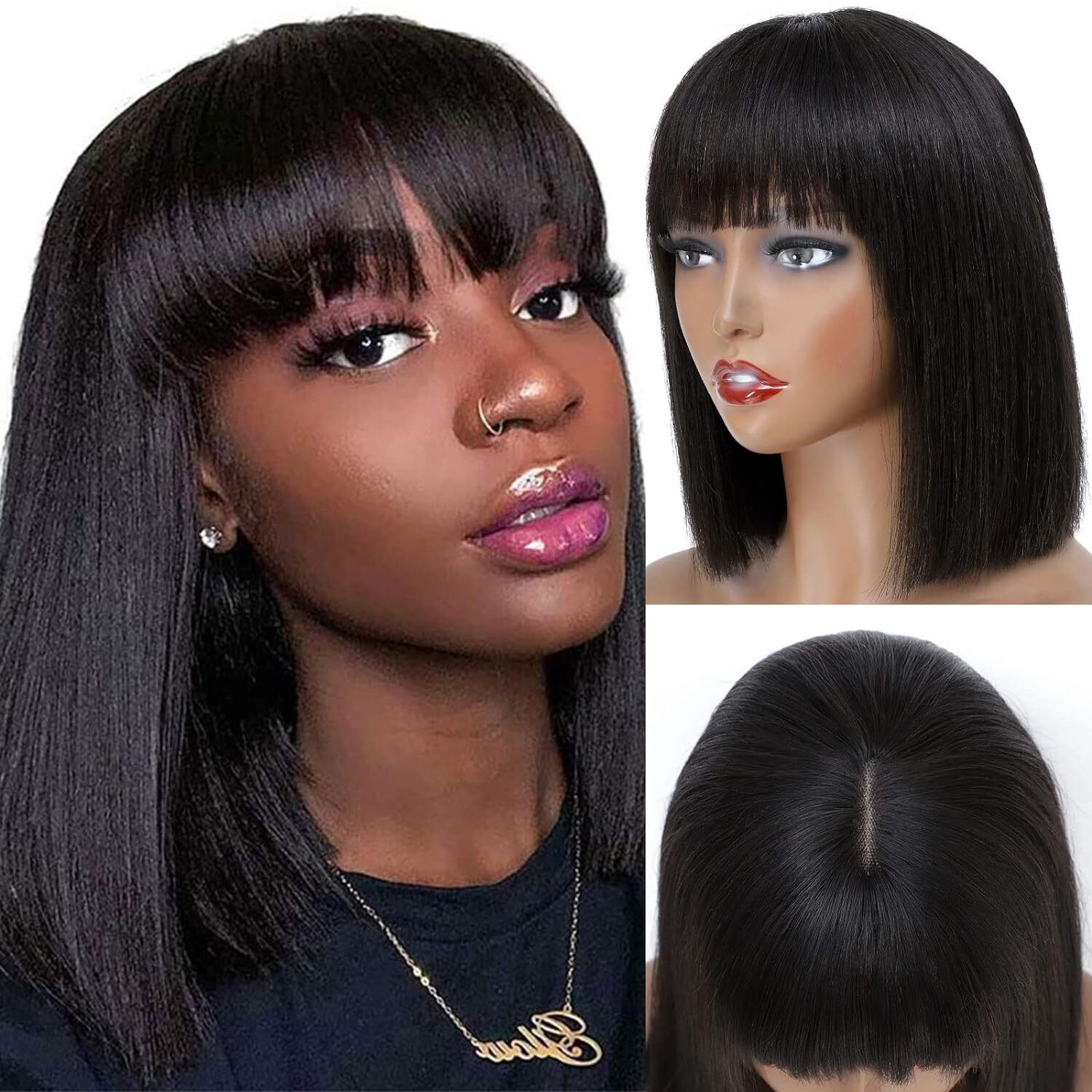 Women’s Full Bangs Black Straight Wigs Bob Natural Hair Full Wig 15″ Rose Net US