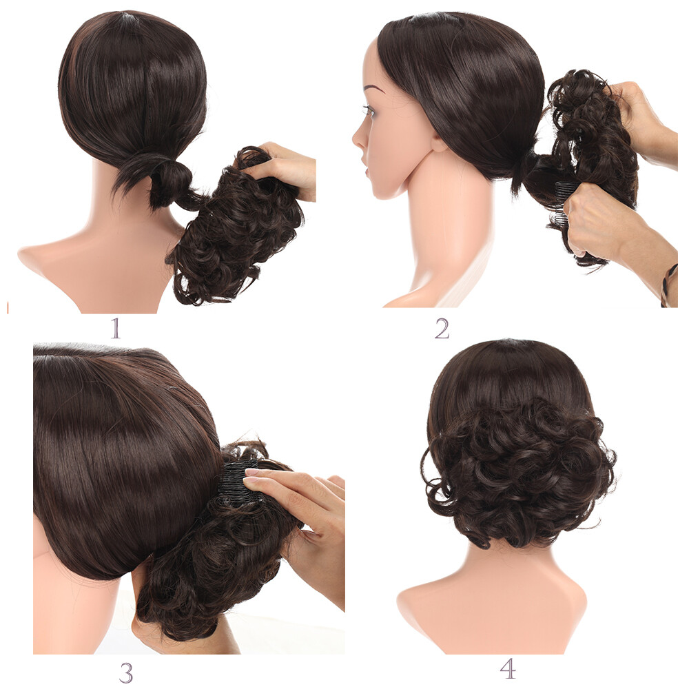 Wedding Short Curly Bun Hair Piece Comb Clip In Chignon Hair Extensions Woman US
