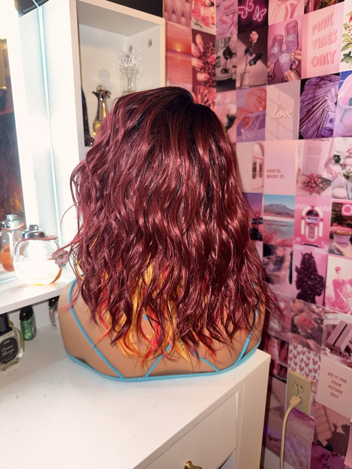 Burgundy Cherry Red Wavy Wig with Peekaboo Red & Gold Highlights