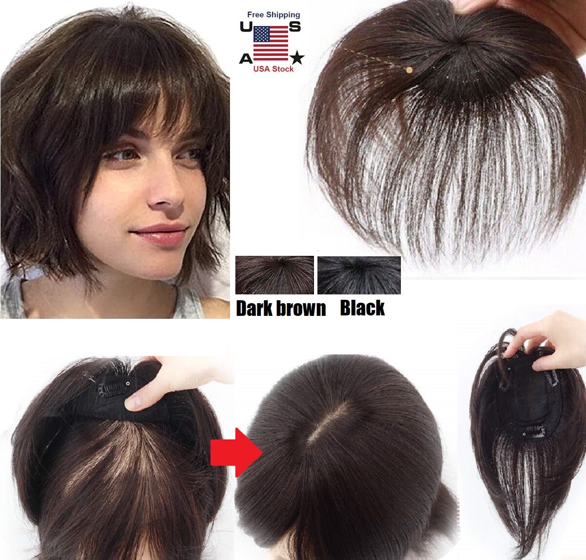 100% Human Hair Topper Clip in Hairpiece Wig Toupee Top Pieces Women Wigs USA